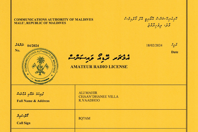 Call Sign and Amateur Radio License for Ali – 8Q7AM